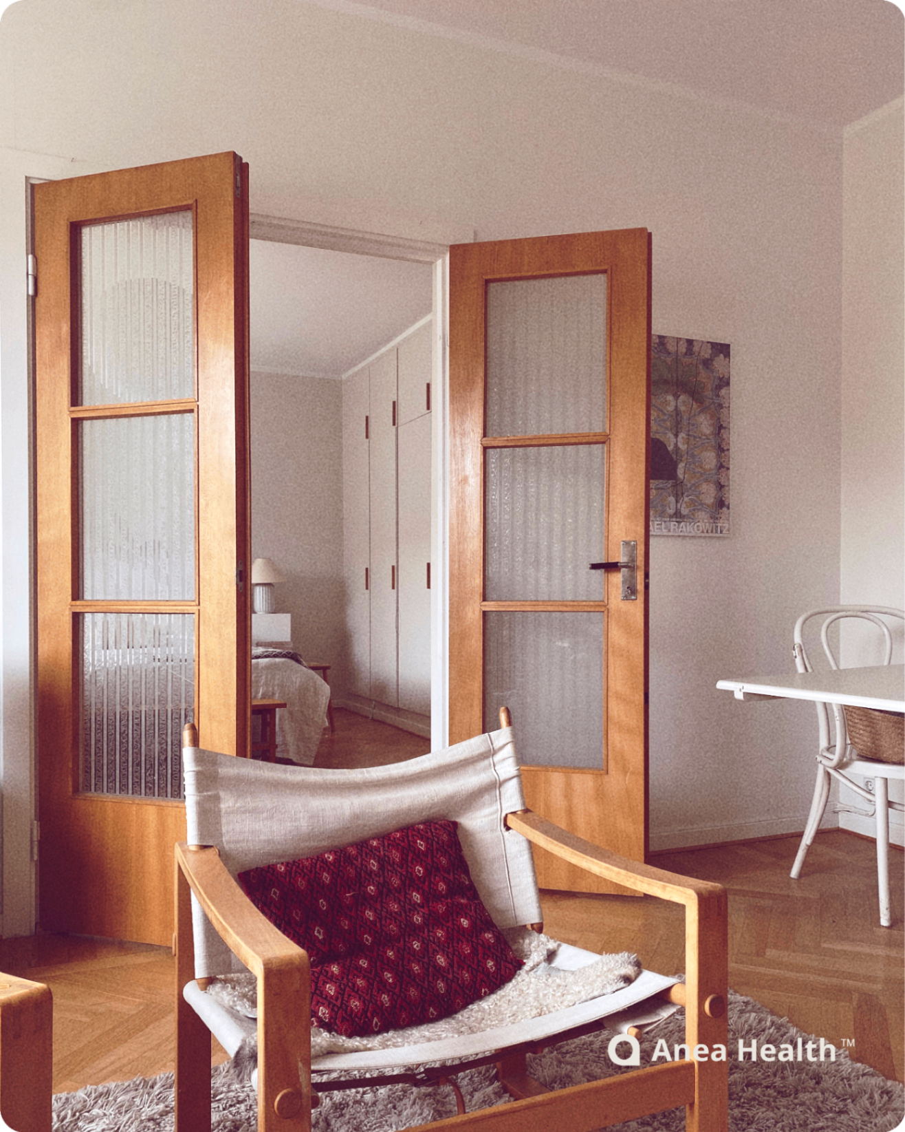 Warm interior with chair and open doors