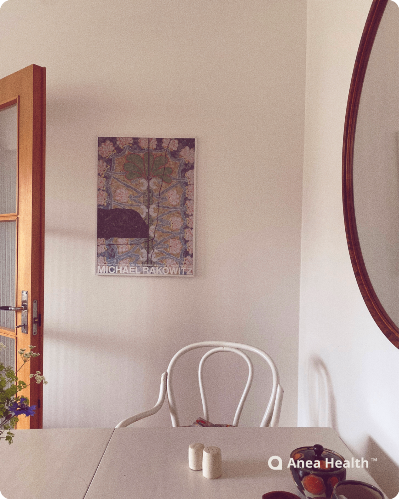 Dining area with supportive care message on screen